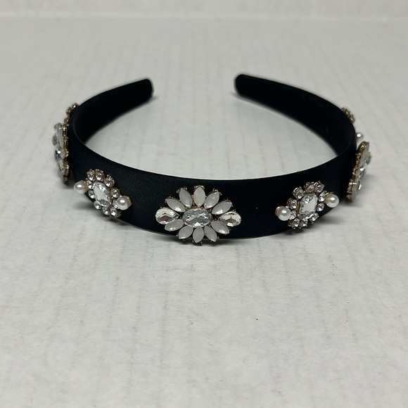 Black Satin Jeweled Embellished faux pearl rhinstones Headband coquette softgirl - Picture 3 of 8